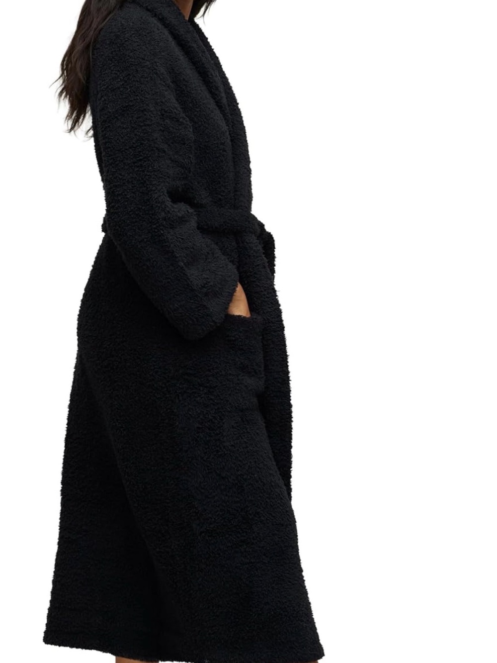 Barefoot Dreams Black Plush Long Robe with Tie Belt